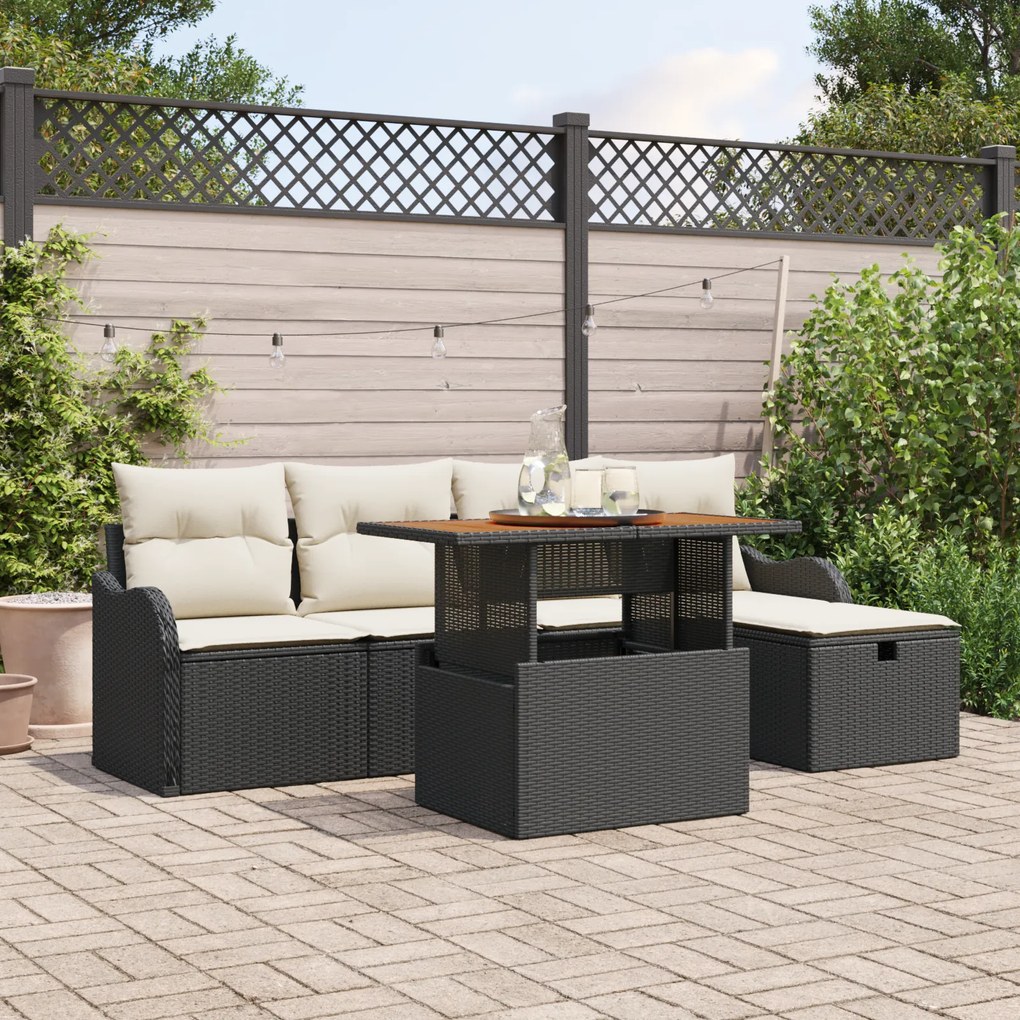 Conjunto de Sofá de Jardim vidaXL com Almofadas Preto Poly Rattan, Sof