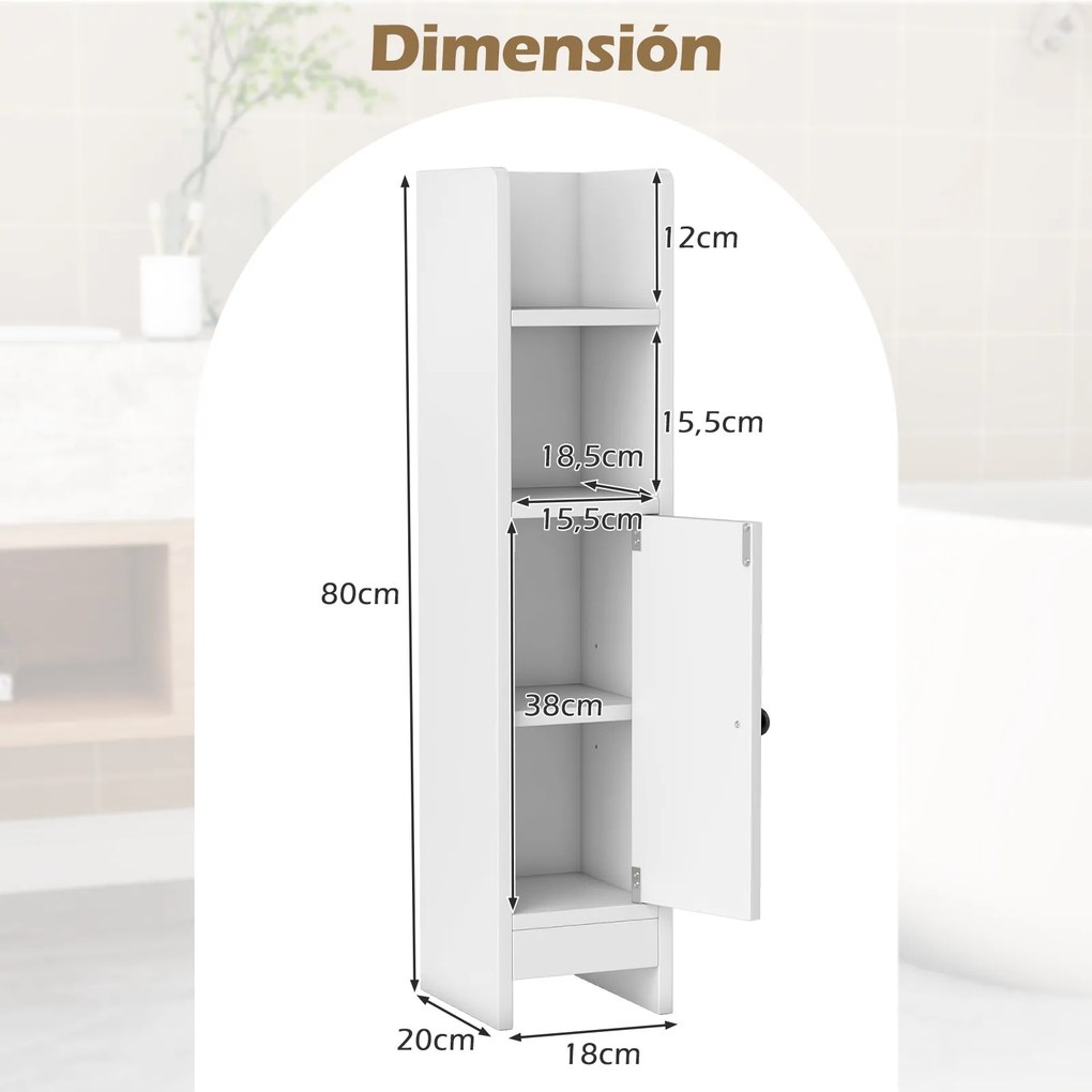 Conjunto de 2 armários de casa de banho 20 cm x 18 cm x 80 cm com porta e estantes ajustáveis, suporte para papel higiénico e organizador para casa de