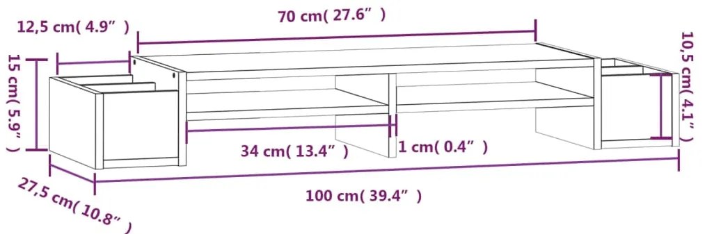 Suporte para monitor 100x27,5x15 cm pinho maciço cinzento