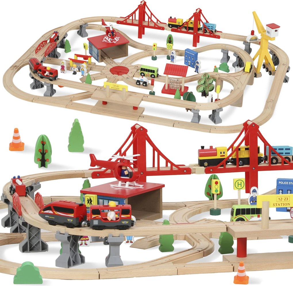 AIYAPLAY Conjunto de Ferrovia de Madeira 133 Peças com Locomotiva Elétrica, Placa Base, Trilhos, Guindaste e Ponte Crianças a partir de 3 | Aosom Portugal