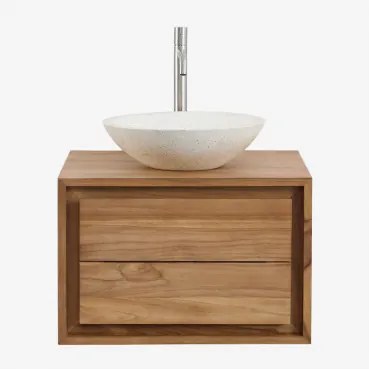 Conjunto De Móvel De Casa De Banho Suspenso Em Madeira De Teca Jabari Madeira De Teca & Cimento Redondo Branco Ø40 Cm Zavion & Sem Espelho - Sklum