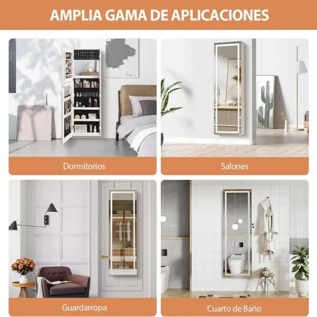 Armário para joias com iluminação LED e espelho de corpo inteiro Organizador de joias com fechadura 40 × 12,5 × 120 cm Branco
