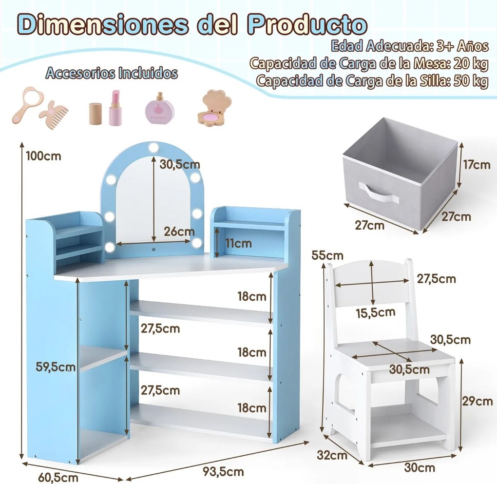 Toucador infantil de canto com luzes e cadeira princesa com 3 estantes de armazenamento 5 compartimentos abertos Acessórios Branco e Azul