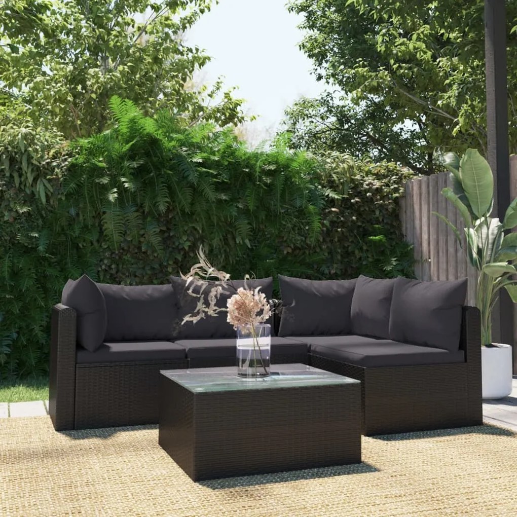 vidaXL 5 pcs conjunto lounge de jardim c/ almofadões vime PE preto