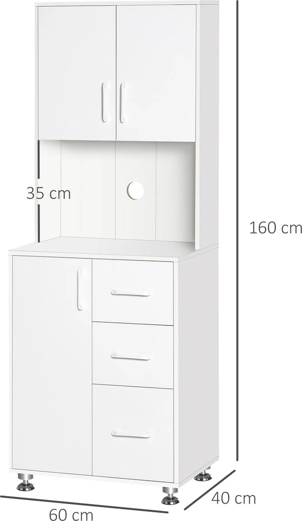 Armário cozinha 60 x 40 x 160 cm, com 3 portas, 3 gavetas e bancada, branco