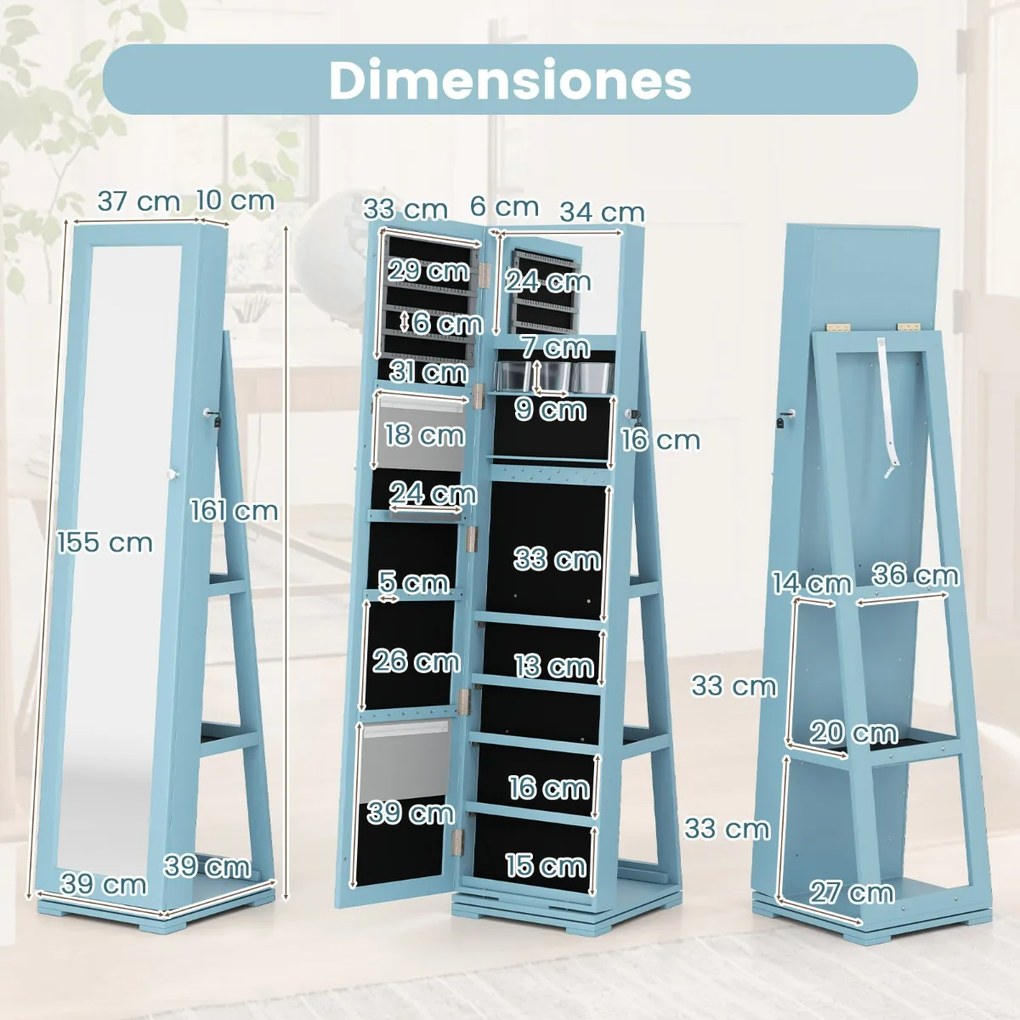 Espelho giratório 360° para joias com espelho de corpo inteiro Organizador de joias com espelho para maquilhagem 39 x 39 x 161 cm Azul
