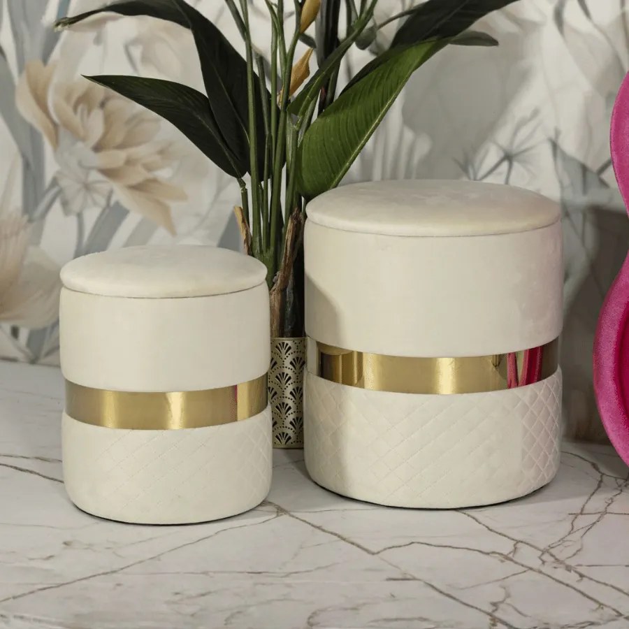 PUFE COM ARMAZENAMENTO SHEFFILD 2 PEÇAS Ø 37X42-28X35 CM CREME E DOURADO