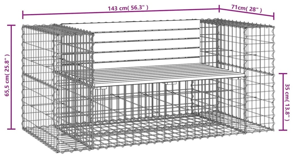 Banco de jardim c/ design gabião 143x71x65,5 cm pinho maciço