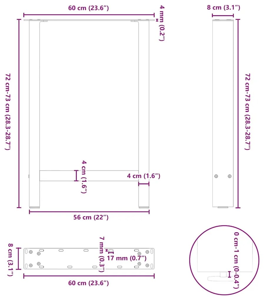 Pés para mesa de jantar em aço natural, 2 peças, 60x(72-73) cm, aço