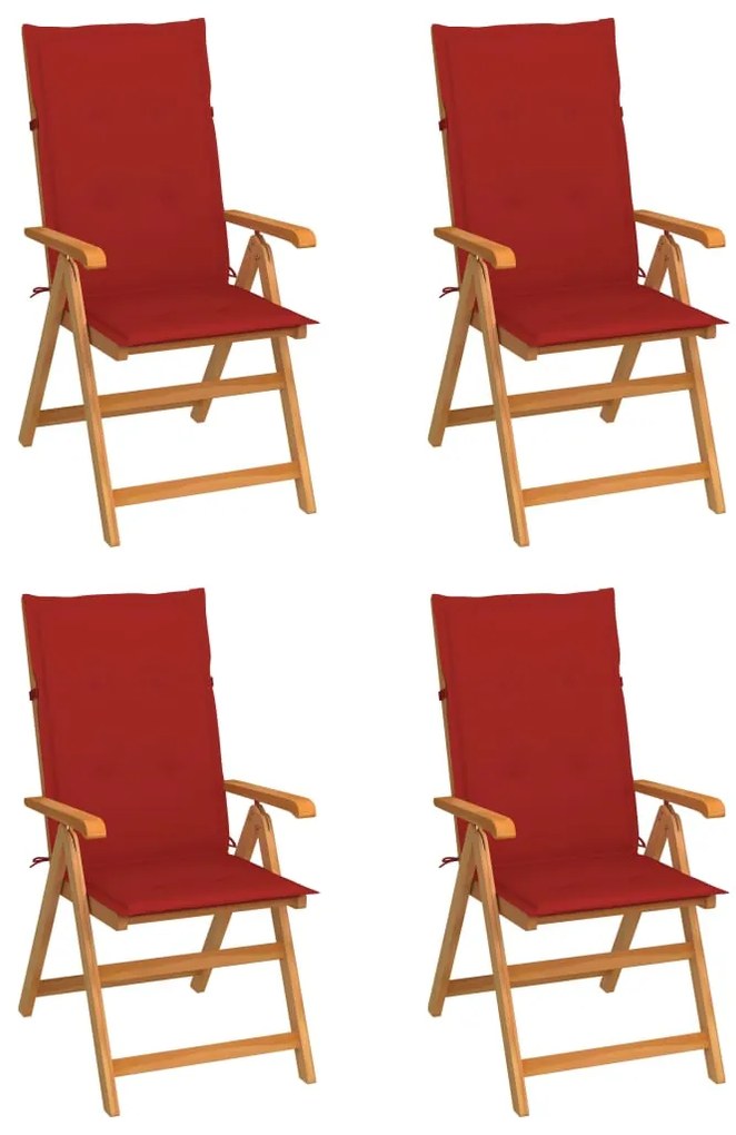 vidaXL Cadeiras de jardim c/ almofadões vermelhos 4 pcs teca maciça