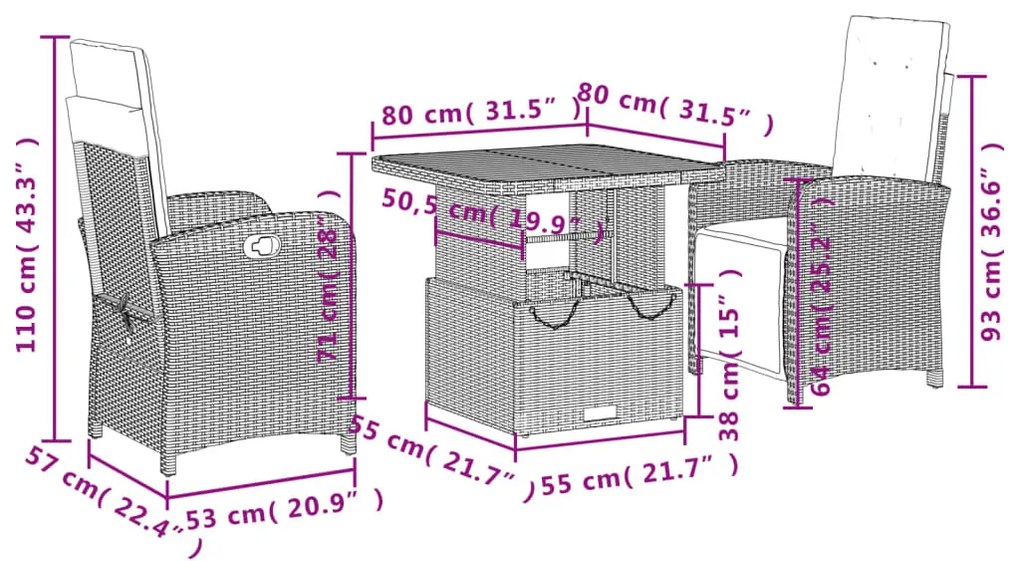 3 pcs conjunto de jantar p/ jardim com almofadões vime PE bege