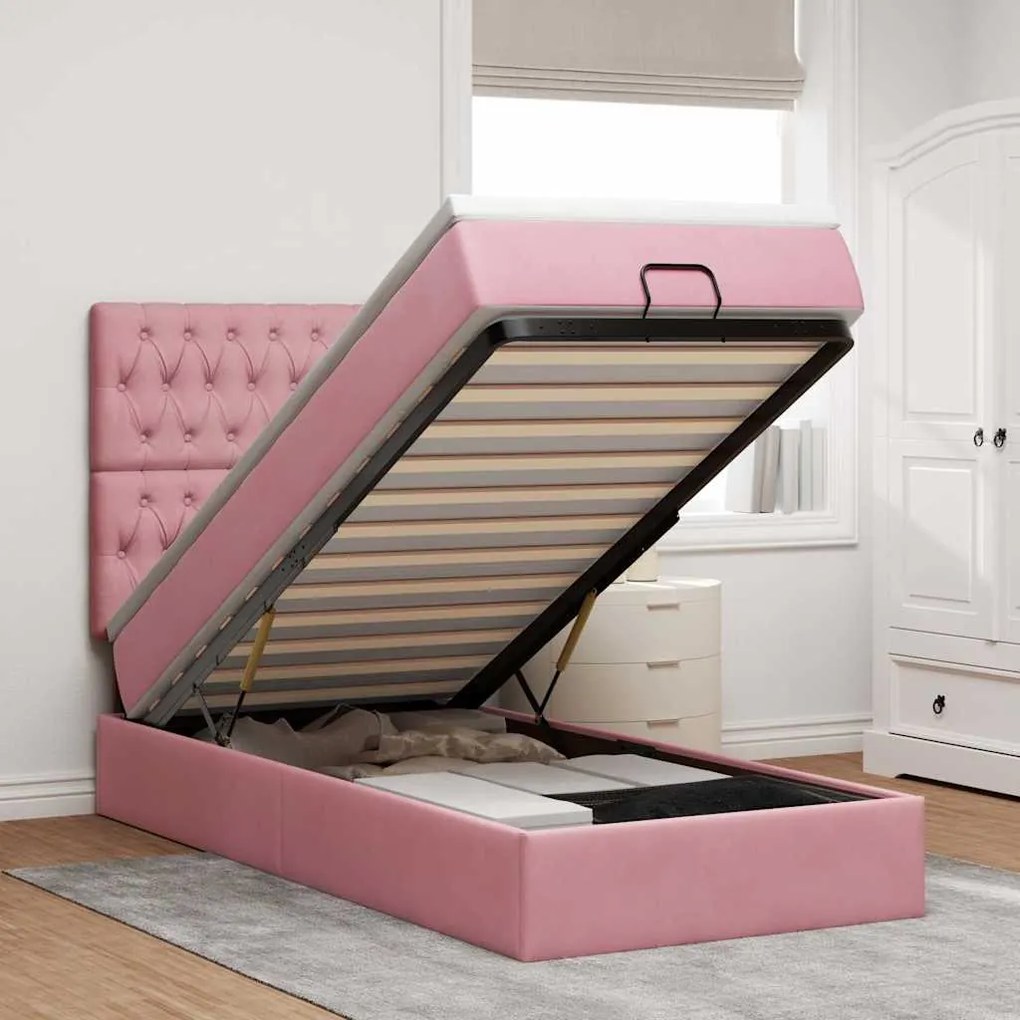 vidaXL Estrutura de cama otomana com colchões rosa 90x200cm veludo