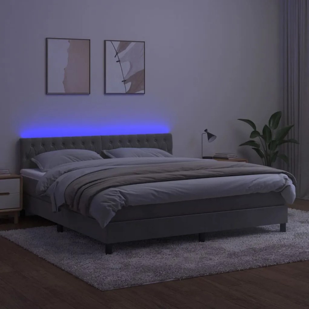 Cama box spring c/ colchão/LED 160x200 cm veludo cinzento-claro