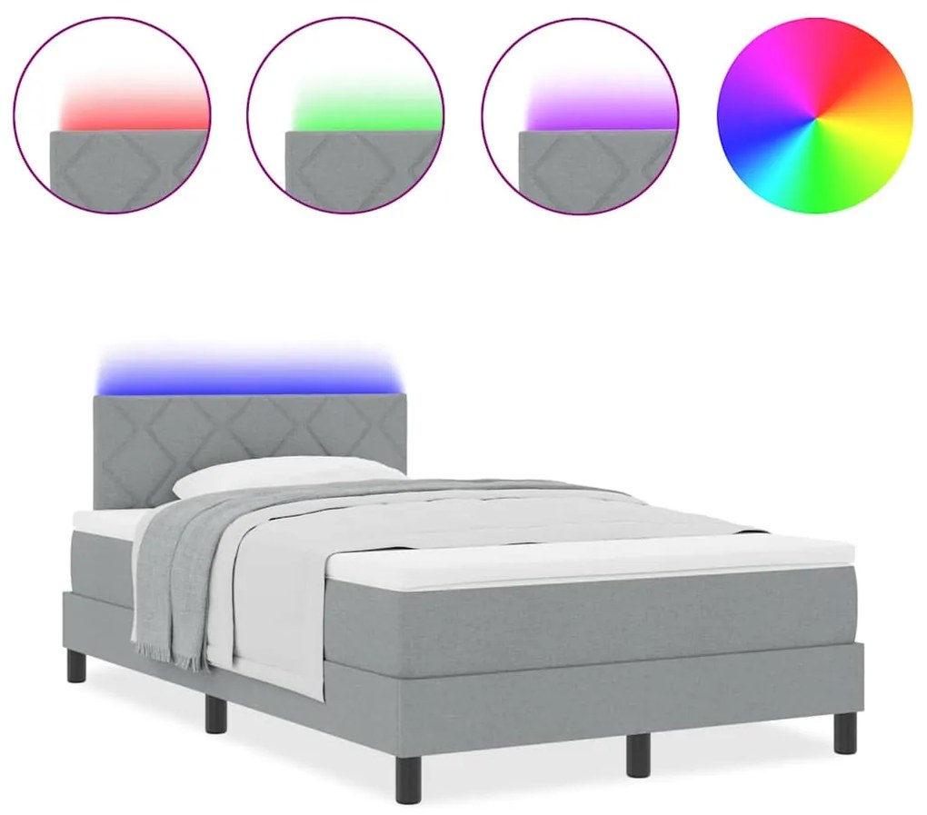 Cama Box Spring com Colchão &amp; LED Cinza Claro 120x190 cm Tecido