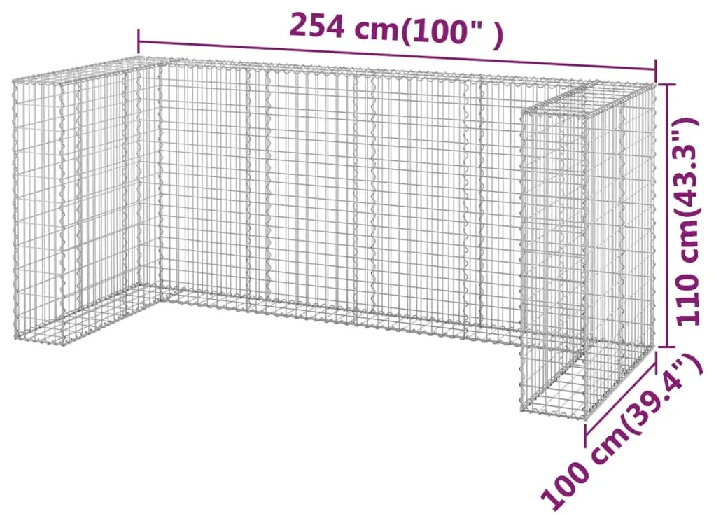 Muro gabião p/ caixotes do lixo aço galvanizado 254x100x110 cm