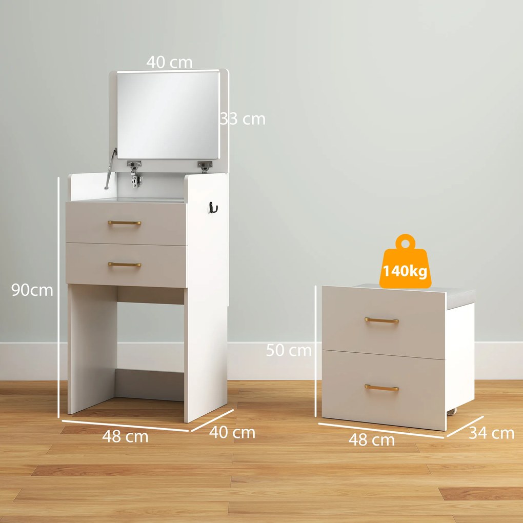Toucador de Maquilhagem 3 em 1 com Banco Mesa de Maquilhagem com Espelho Gavetas e Bancada de Vidro Visível Toucador Moderno para Quarto 48x40x90 cm B