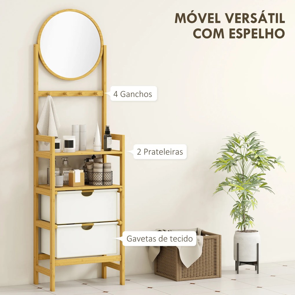 Estante de Casa de Banho em Bambu com Espelho Estante de Arrumação com 2 Gavetas de Tecido 48,5x30x170 cm Madeira
