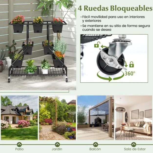 Floreira elevada com rodas 7 caixas de plantação Cestos de arrumação 100 x 56 x 99 cm Preto