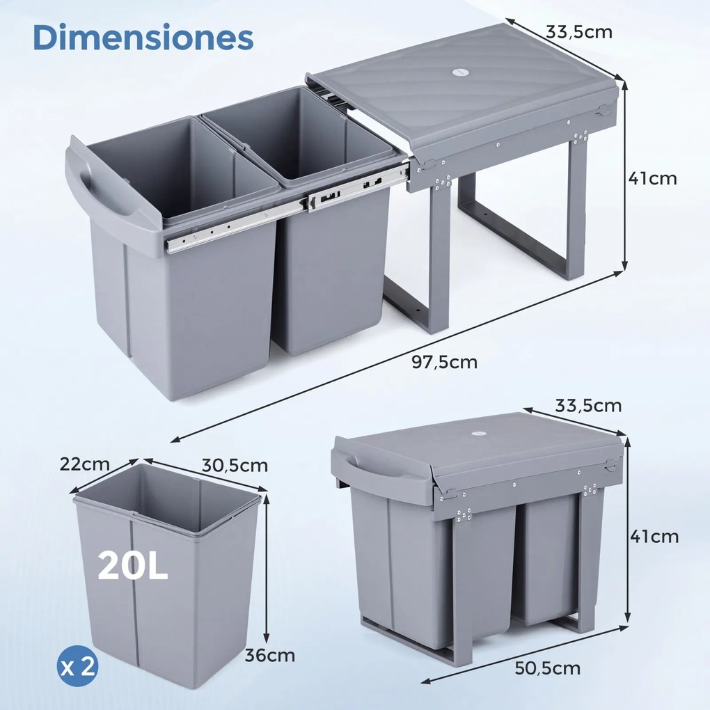 Cubo do Lixo, 50,5 x 33,5 x 41 cm, 2 Cubos Interiores Removíveis, Cinzento