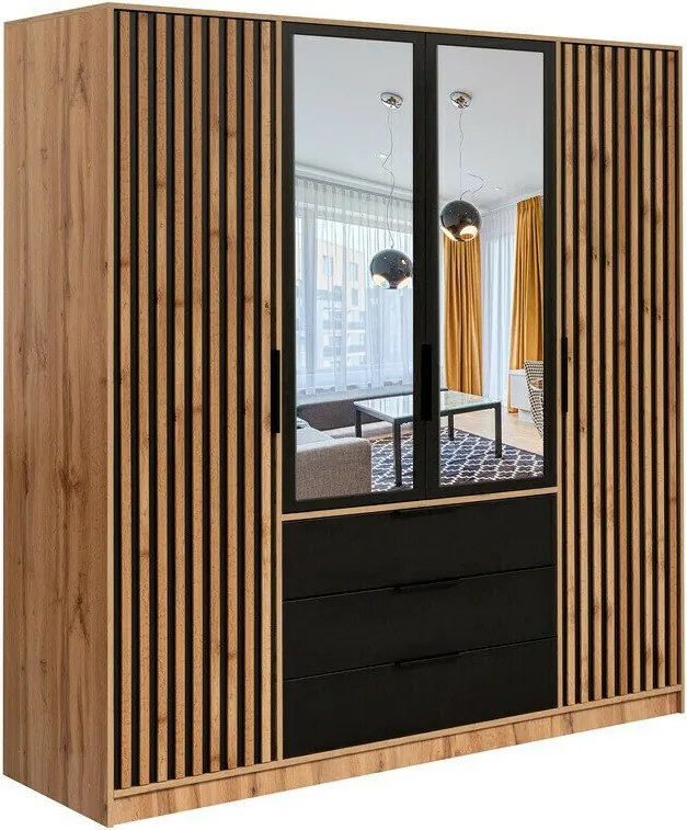 Roupeiro Collis V, Preto, Carvalho wotan, 200x196x58cm, Portas para roupeiro: Com dobradiças, Número de prateleiras: 8, Número de prateleiras: 8