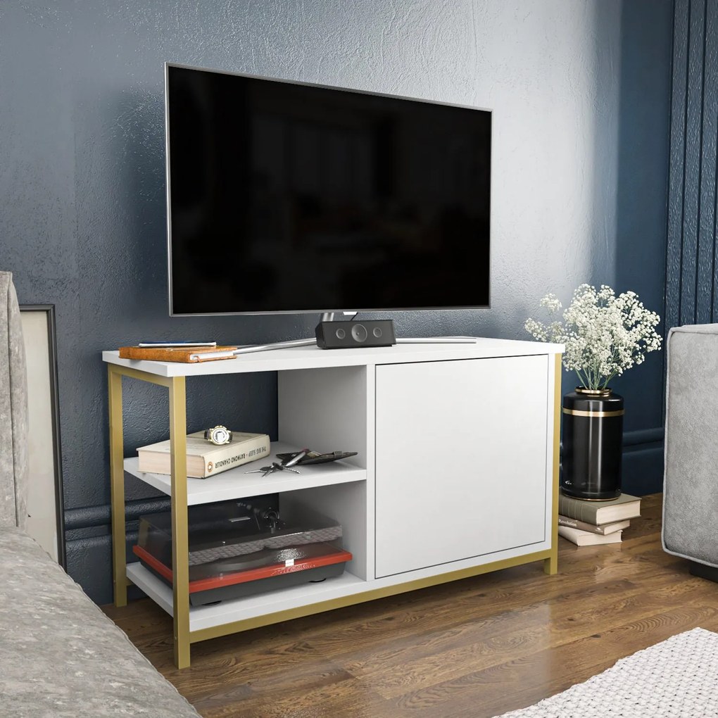 Móvel TV Muskegon – Dourado e Branco – 89,6 x 35,3 x 50,8 cm