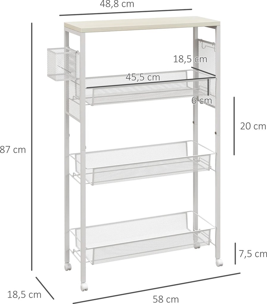 Carro de cozinha com rodas, carrinho de arrumação com 3 cestos, 1 cesto suspenso e ganchos, 58 x 18,5 x 87 cm, branco
