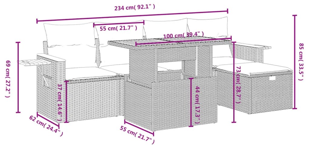 6 pcs conjunto de sofás p/ jardim com almofadões vime PE bege