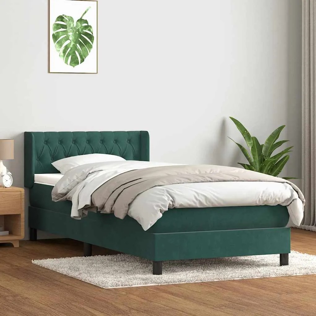 vidaXL Cama com molas/colchão 100x210 cm veludo verde-escuro