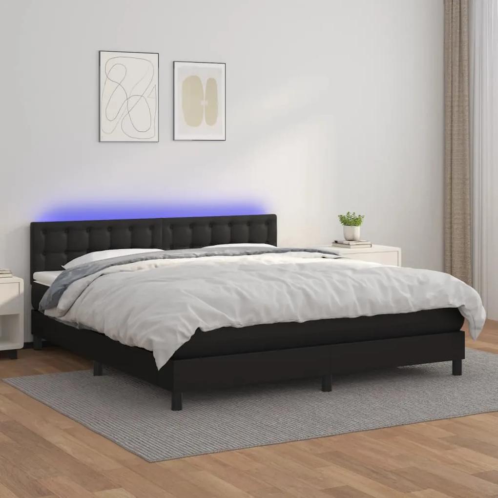 Cama box spring c/ colchão/LED 180x200cm couro artificial preto