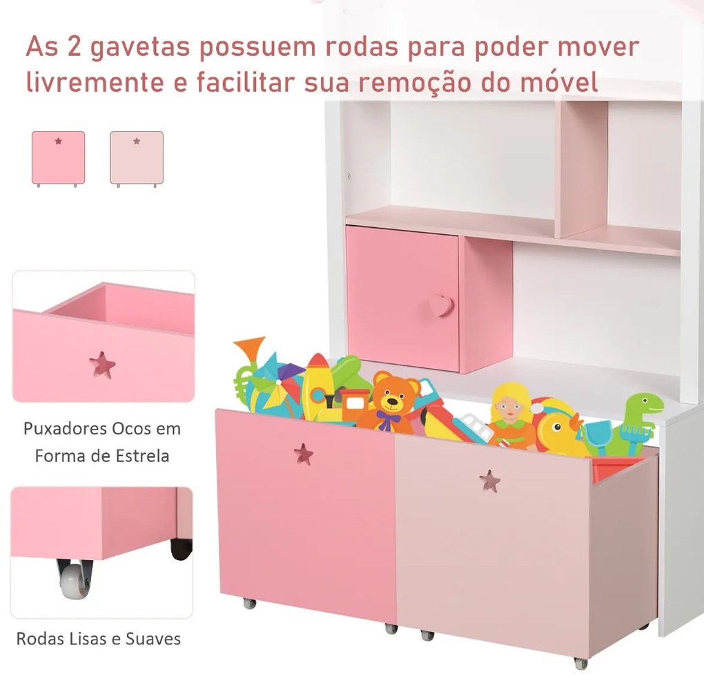 Estante de Madeira Infantil Estante de Livros para Crianças com 4 Compartimentos 1 Porta e 2 Gavetas Removíveis com Rodas para Livros Brinquedos 80x34