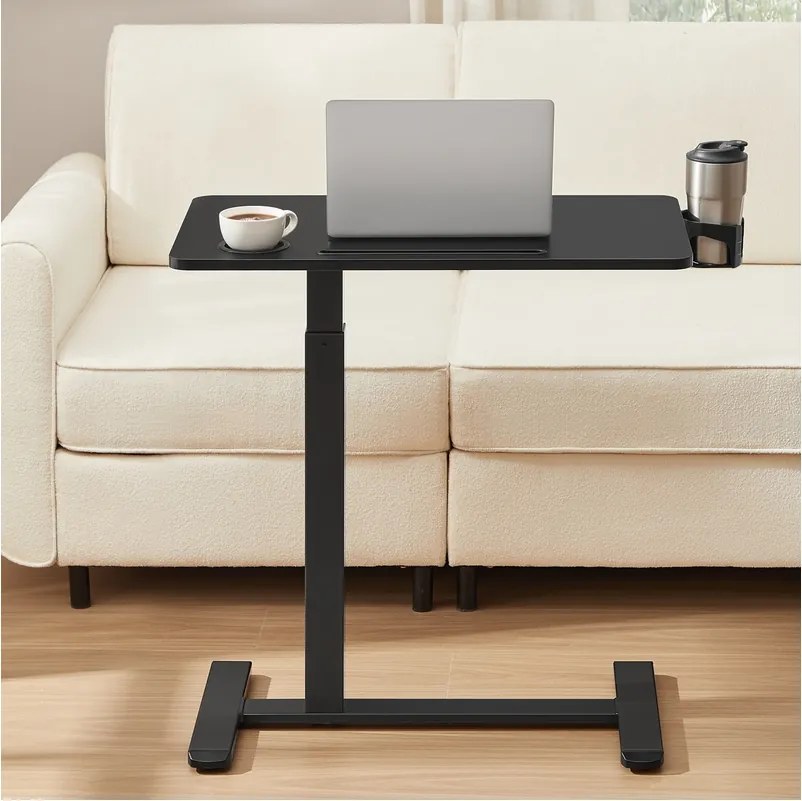 Mesa de secretaria auxiliar móvel com rodas e suportes para copos 70 x 40 x (65-102) cm Altura ajustável, em Preto