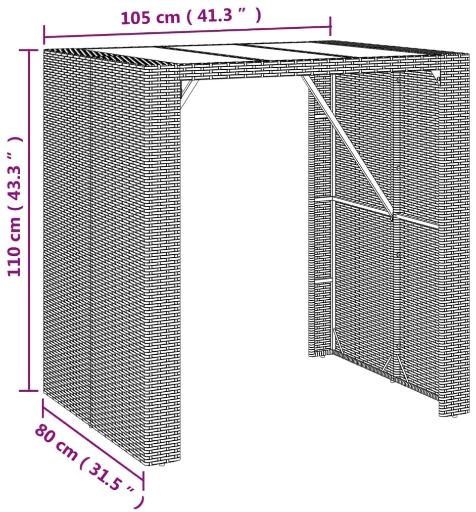 Mesa de bar com tampo de vidro 105x80x110 cm vime PE castanho