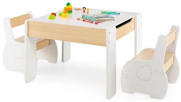 Conjunto de mesa para crianças e 2 cadeiras Mesa de actividades de madeira 4 em 1 para arte, desenho e leitura Quadro negro amovível Branco