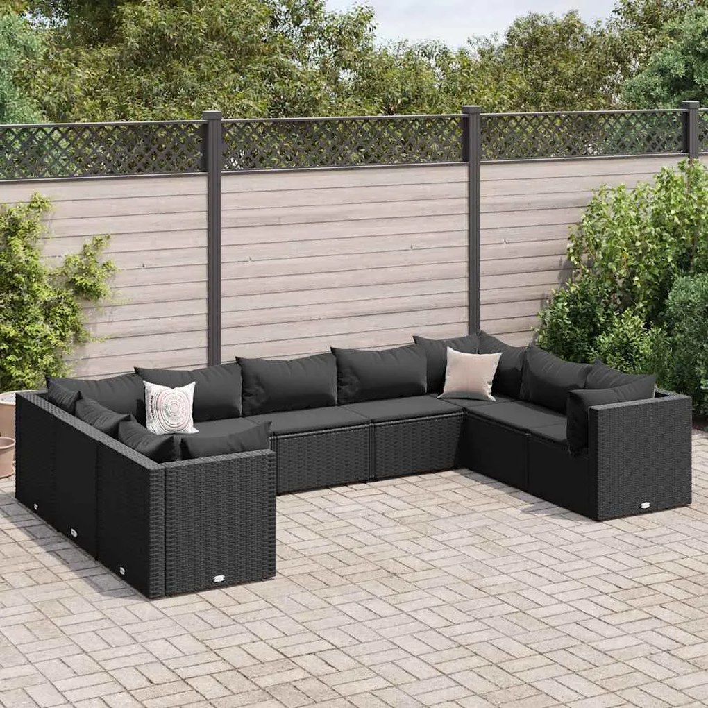 vidaXL 9 pcs conjunto lounge de jardim c/ almofadões vime PE preto