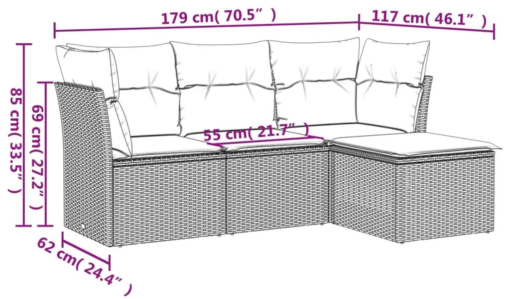 4 pcs conjunto sofás de jardim c/ almofadões vime PE castanho