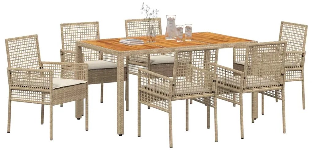 Conjunto de Jantar de Jardim de 7 Peças com Almofadas Bege em Vime Pol