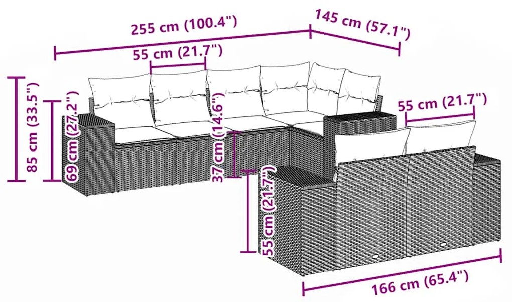 7 pcs conj. sofás jardim com almofadões vime PE cinzento-claro