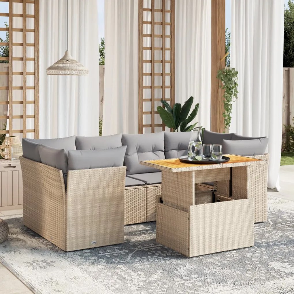 vidaXL 7 pcs conjunto de sofás p/ jardim com almofadões vime PE bege