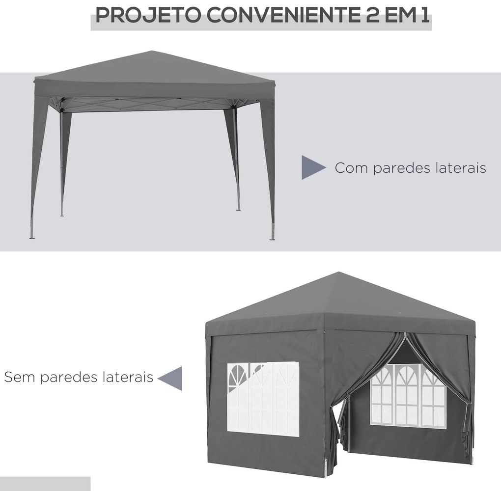 Tenda de Jardim com Paredes Laterais Amovíveis Janelas Porta com Fecho de Correr e Bolsa de Transporte 295x295x196-258 cm Cinzento