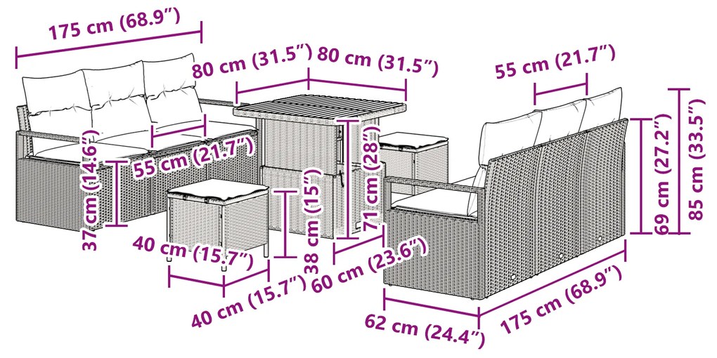 Conjunto de Sofá de Jardim vidaXL com Almofadas Preto Rattan de Poliet