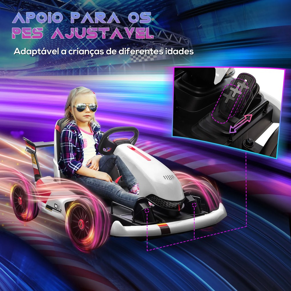 HOMCOM Kart Elétrico para Crianças de 4-8 Anos Go Kart Racing de Bateria 12V com Velocidade 3-6 km/h Controlo Remoto Música Buzina Carga Máxima 50kg 116x74x57,5cm Branco