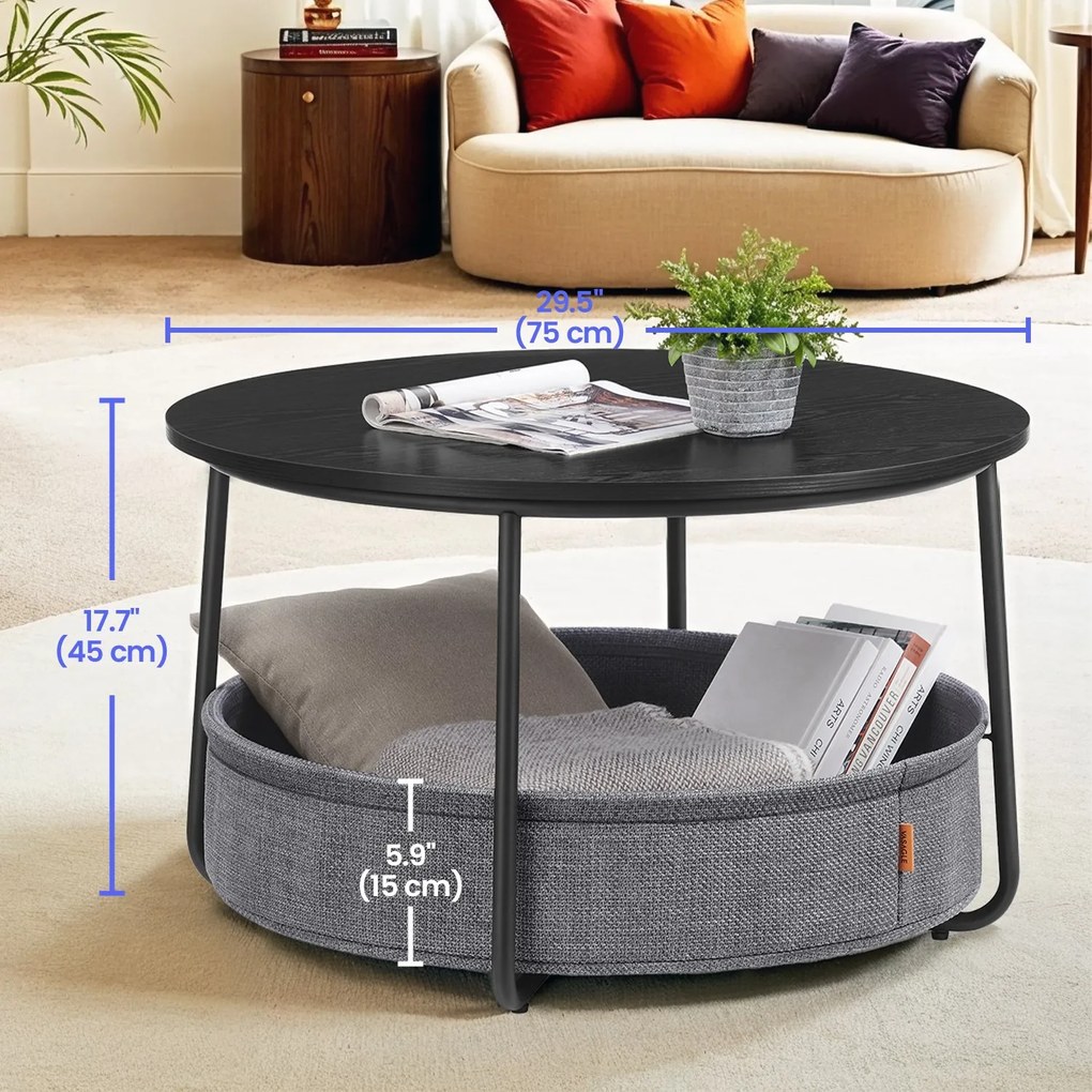 Mesa de centro 75 cm de diâmetro com cesto em tecido Preto-cinza ardósia