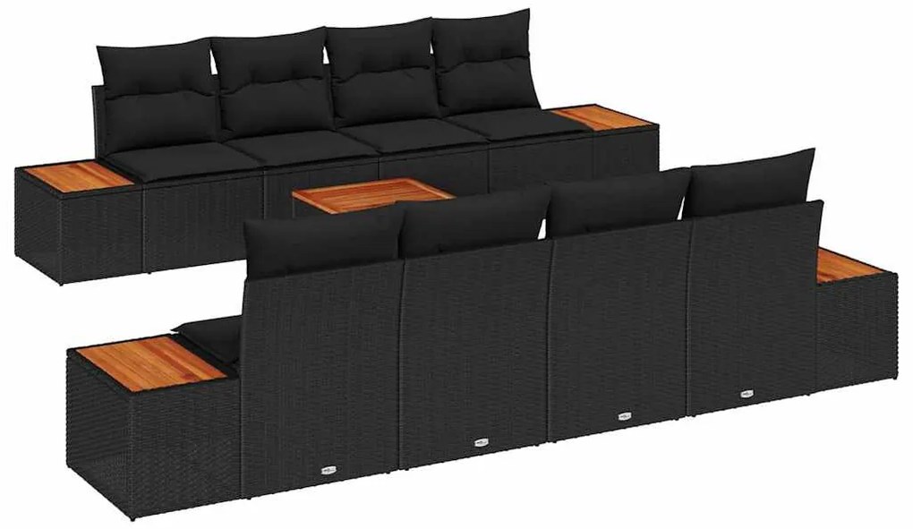 Conjunto de Sofá de Jardim vidaXL 9 Peças com Almofadas Preto Rattan A