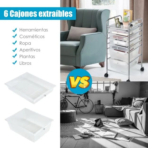 Carrinho com rodas auxiliar de armazenamento com 6 gavetas empilháveis removíveis para cozinha ou escritório 34 x 43,5 x 76 cm Transparenete