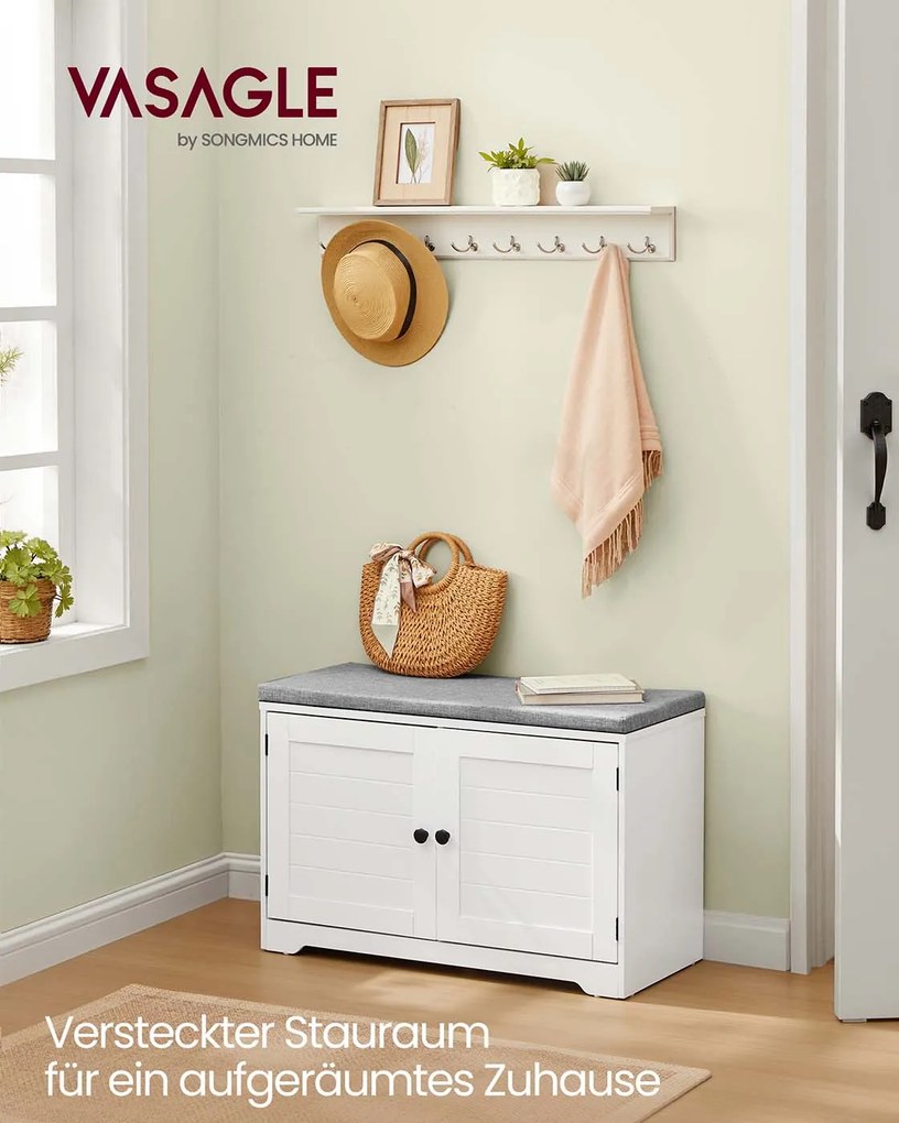 Banco para sapatos com espaço de arrumação 35,5 x 81 x 52,5 cm, portas, almofadas de assento e prateleiras ajustáveis Branco - Cinzento