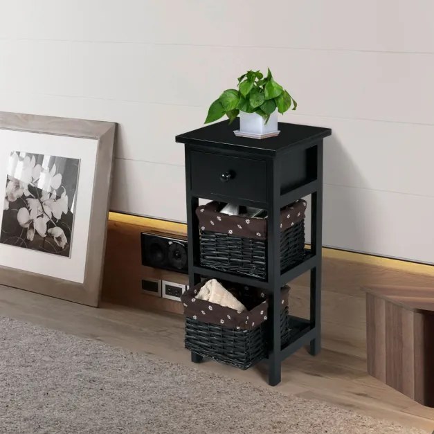 Conjunto de 2 mesas de cabeceira modernas com 1 gaveta e 2 caixas organizadoras para casa sala quarto  28 x 26 x 59,5 cm preto