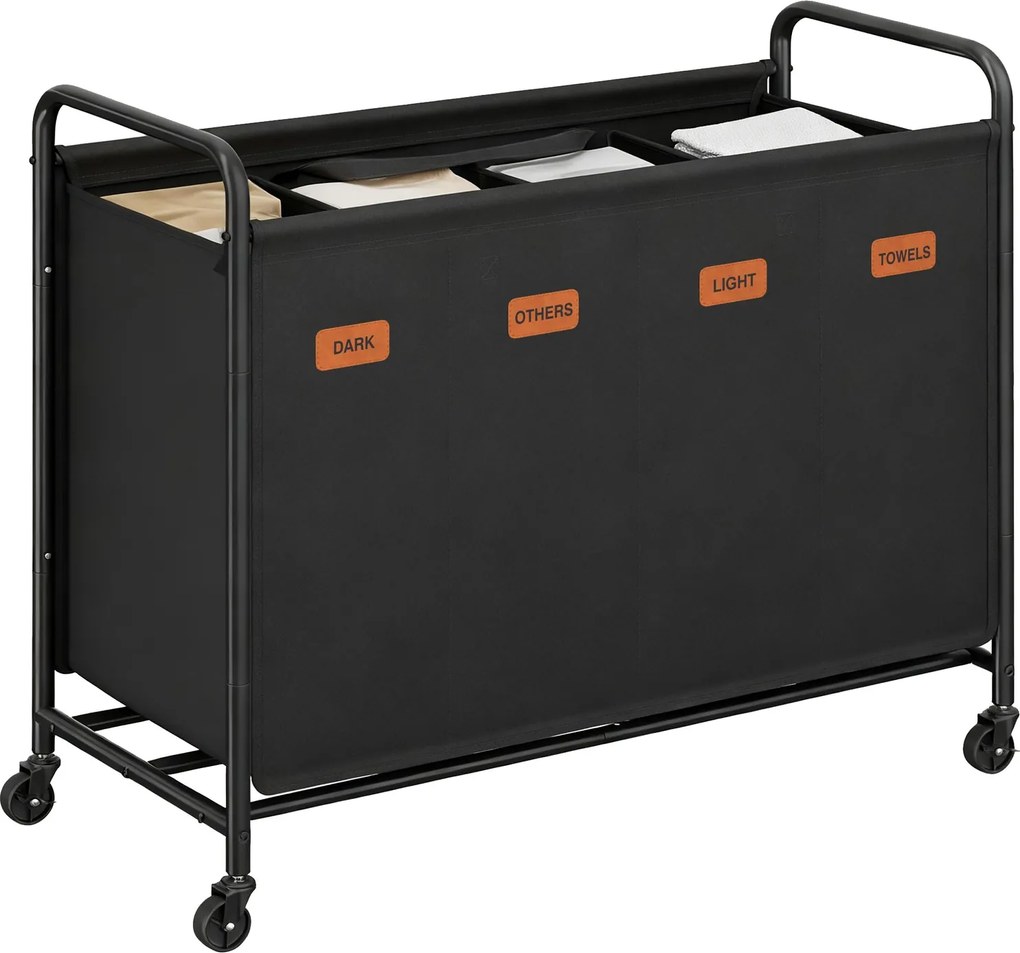 Cesto para roupa suja com 4 compartimentos com 200 l e rodas, 79 x 40 x 91 cm Preto