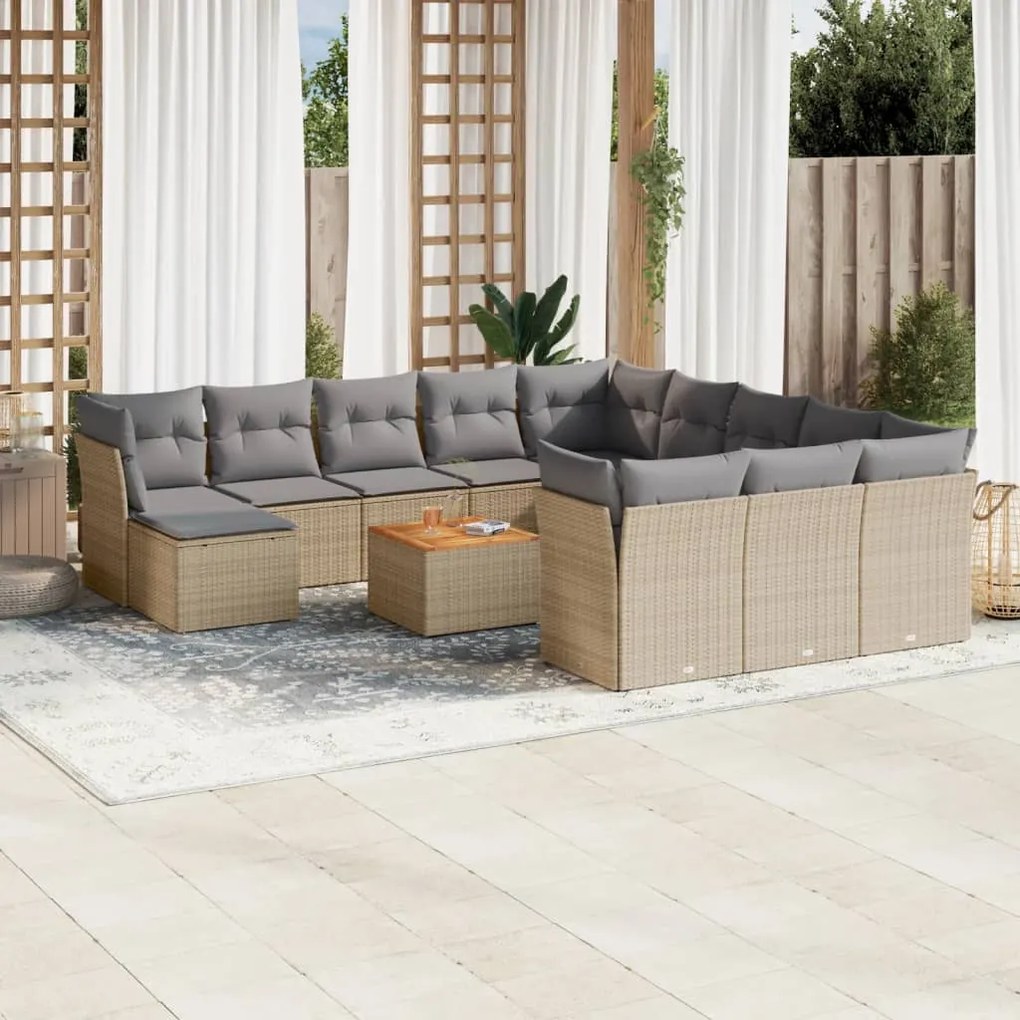 13 pcs conjunto de sofás p/ jardim com almofadões vime PE bege