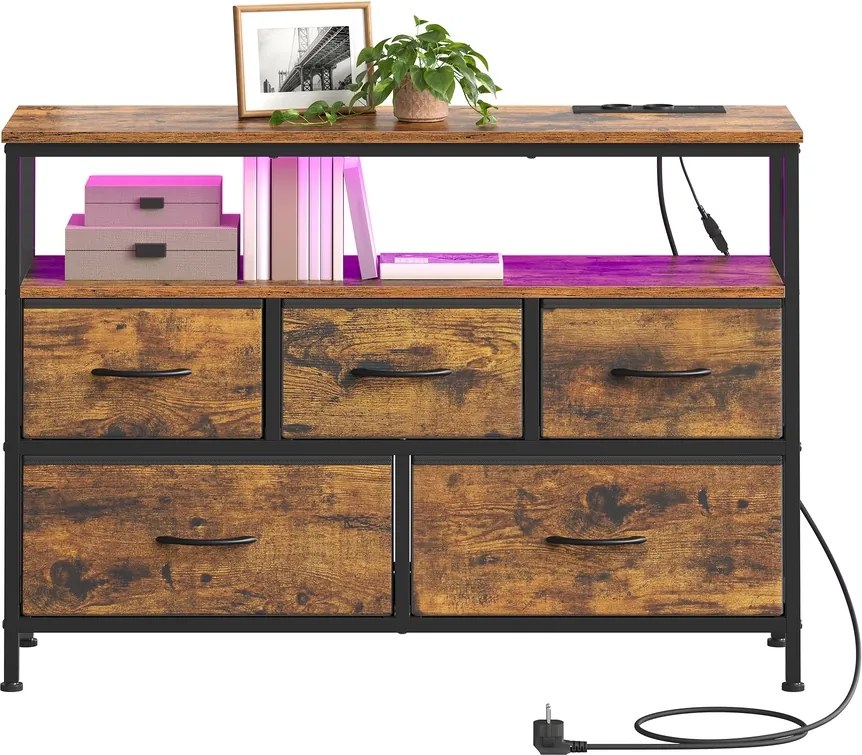 Cómoda com 5 gavetas e iluminação LED, 30 x 98,7 x 68,1 cm castanho-preto