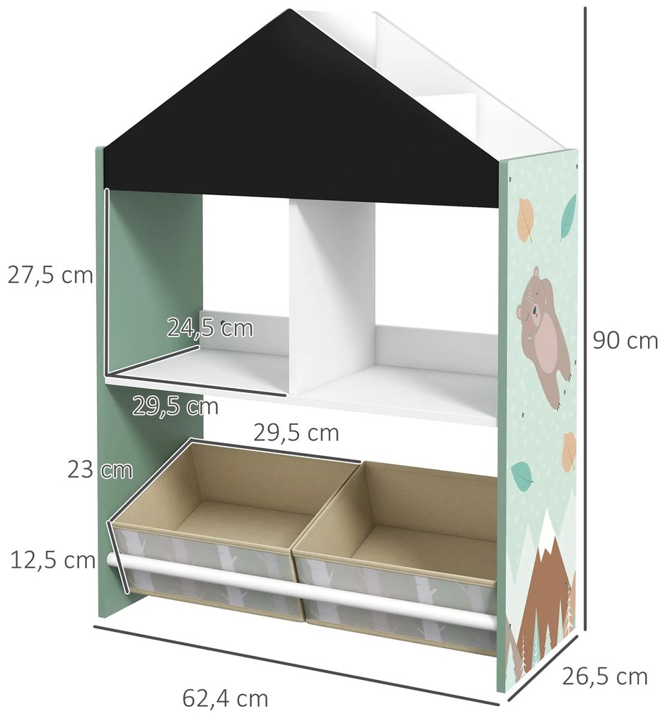 Estante para Brinquedos Organizador Infantil com Prateleiras Abertas e Caixas de Tecido não Tecido Amovíveis 62x27x90cm Verde